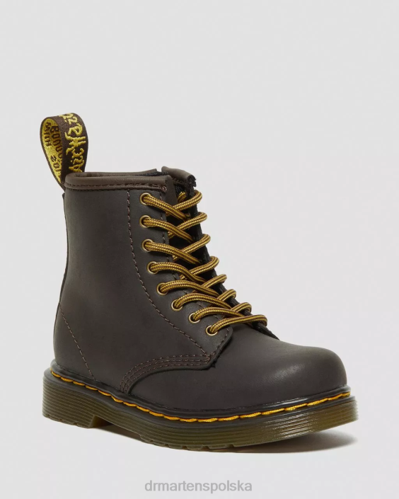 obuwie ciemnobrązowy lamper z dzikiego konia F28B408 Skórzane sznurowane buty dla malucha 1460 Wildhorse Dzieci Dr. Martens
