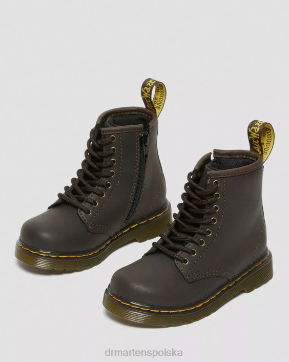 obuwie ciemnobrązowy lamper z dzikiego konia F28B408 Skórzane sznurowane buty dla malucha 1460 Wildhorse Dzieci Dr. Martens
