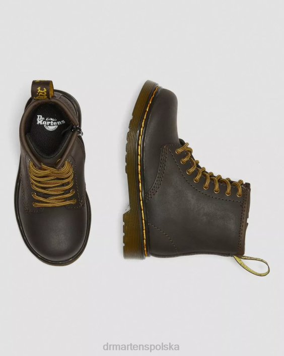 obuwie ciemnobrązowy lamper z dzikiego konia F28B408 Skórzane sznurowane buty dla malucha 1460 Wildhorse Dzieci Dr. Martens