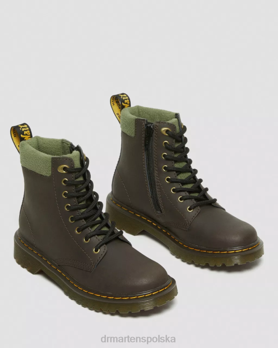 obuwie ciemny brąz i khaki F28B411 Sznurowane buty dla malucha 1460 z kołnierzem i podszewką z polaru Dzieci Dr. Martens