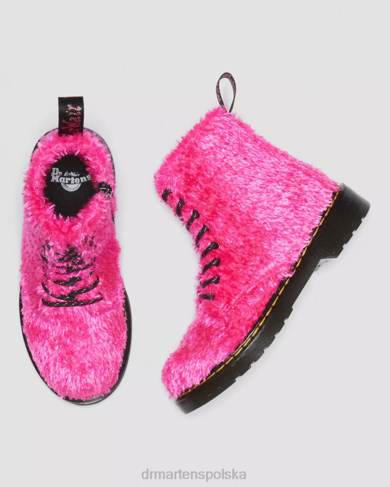 obuwie różowe, blichtrowe futerko F28B458 Junior 1460 Pascal Sznurowane buty z futrzanym futerkiem Dzieci Dr. Martens