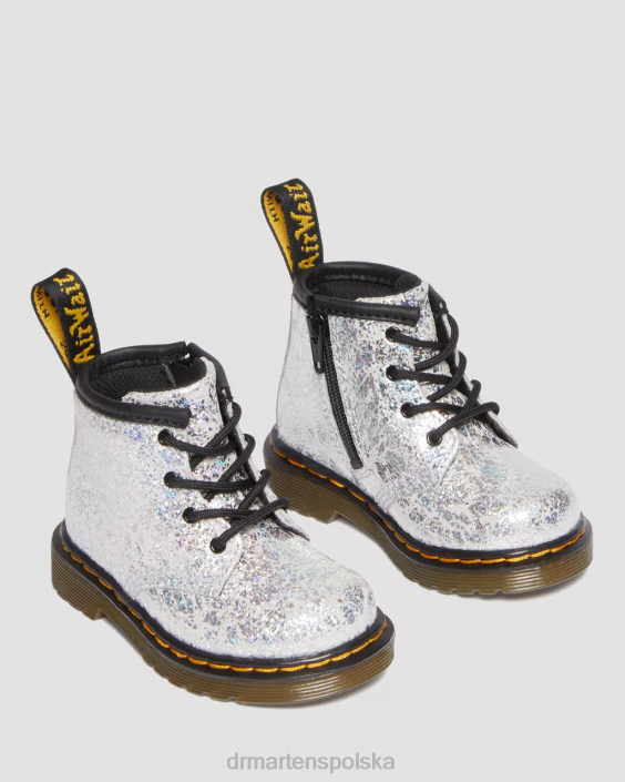 obuwie szara, metaliczna, dyskotekowa marszczenie F28B399 Niemowlęce 1460 marszczone, metaliczne, sznurowane buty Dzieci Dr. Martens