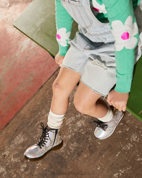 obuwie szara, metaliczna, dyskotekowa marszczenie F28B457 Junior 1460 marszczone, metaliczne, sznurowane buty Dzieci Dr. Martens