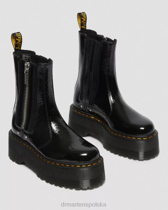 obuwie czarny postrzępiony patent F28B170 2976 max postrzępione, lakierowane buty na platformie Chelsea kobiety Dr. Martens