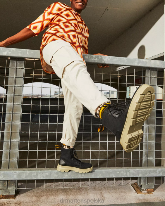 obuwie czarne płótno i frezowana skóra powlekana F28B173 płócienne buty na co dzień typu Combs kobiety Dr. Martens