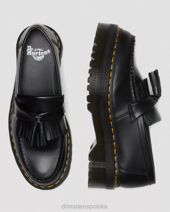 obuwie czarny gładki F28B218 Skórzane mokasyny na platformie Adrian z frędzlami kobiety Dr. Martens