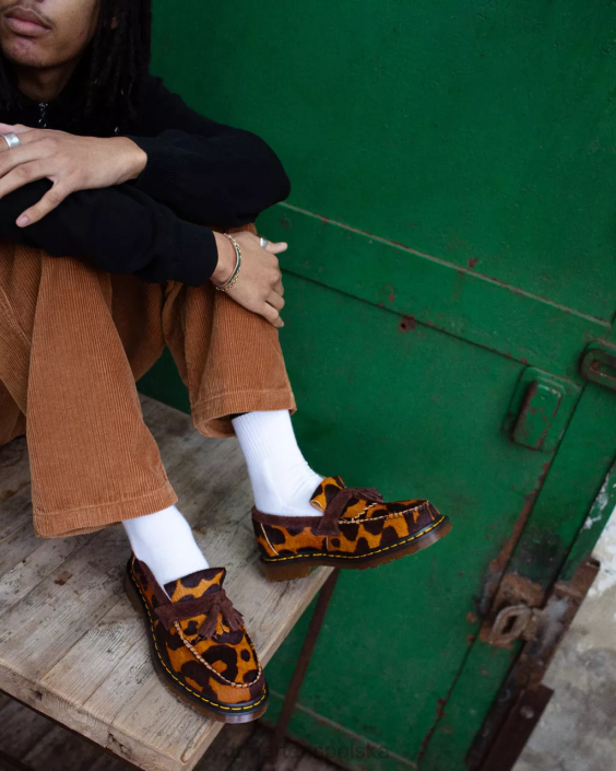 obuwie ocelot i ciemnobrązowe włosy F28B382 Adrian wykonany z angielskich włosów na mokasynach z frędzlami kobiety Dr. Martens