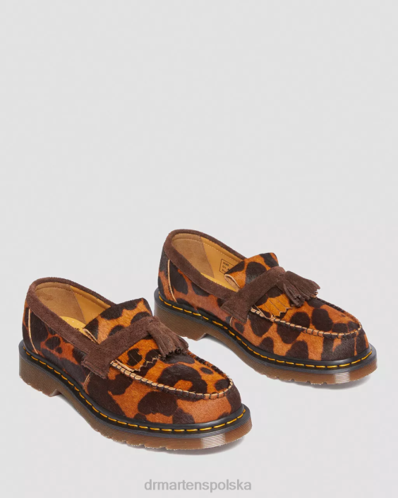 obuwie ocelot i ciemnobrązowe włosy F28B382 Adrian wykonany z angielskich włosów na mokasynach z frędzlami kobiety Dr. Martens