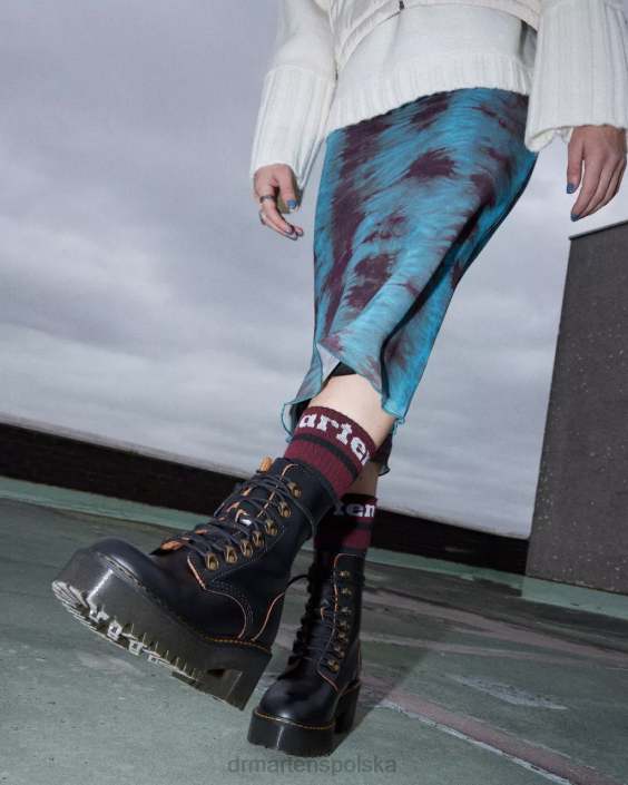 obuwie czarny vintage gładki F28B205 Leona Vintage buty na obcasie z gładkiej skóry kobiety Dr. Martens