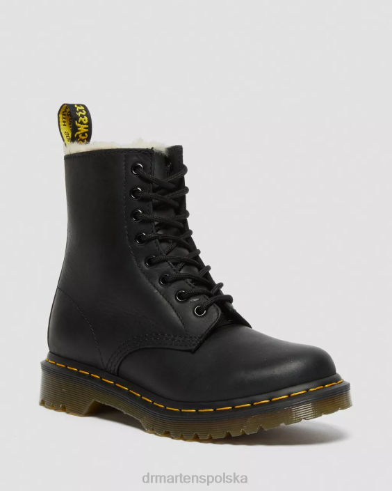 obuwie Wyoming polerowany na czarno F28B41 1460 Sznurowane buty z podszewką ze sztucznego futra kobiety Dr. Martens