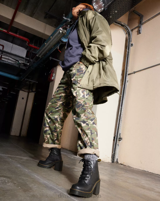 obuwie czarna przesyłka F28B59 Jesy Sendal, skórzane, sznurowane buty na rozszerzonym obcasie kobiety Dr. Martens