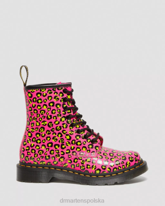 obuwie różowy gładki F28B117 1460 Sznurowane buty z gładkiej skóry w panterkę kobiety Dr. Martens